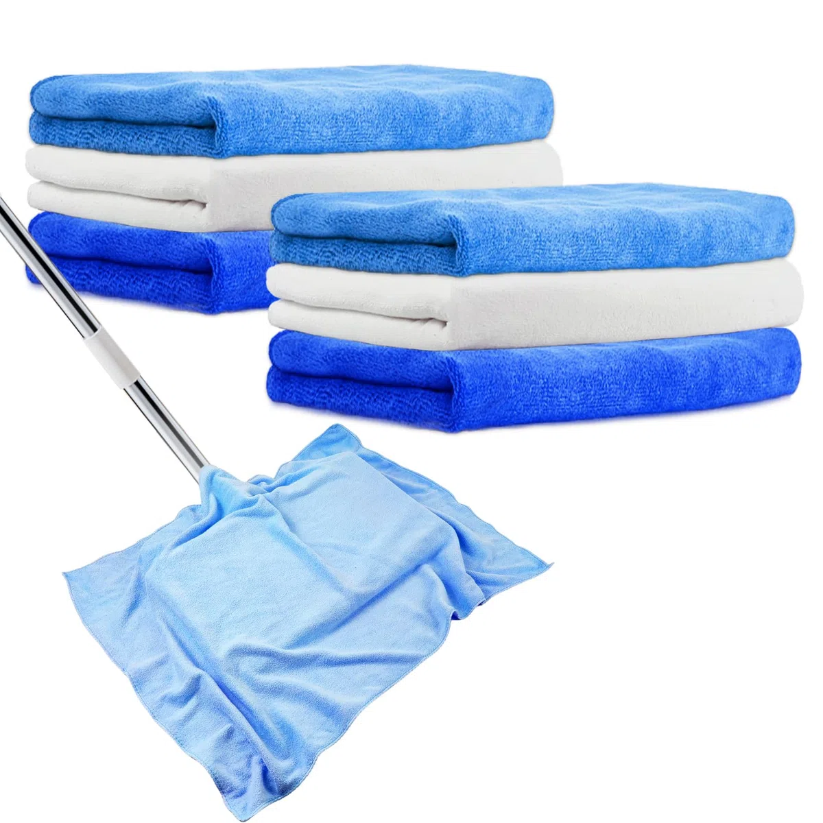 Paño de limpieza de microfibra extra grande de 20 x 30 pulgadas, 6 trapos lavables y reutilizables, toallas de microfibra para limpieza de fregona, oficina, baños, limpieza de casa (azul, blanco)