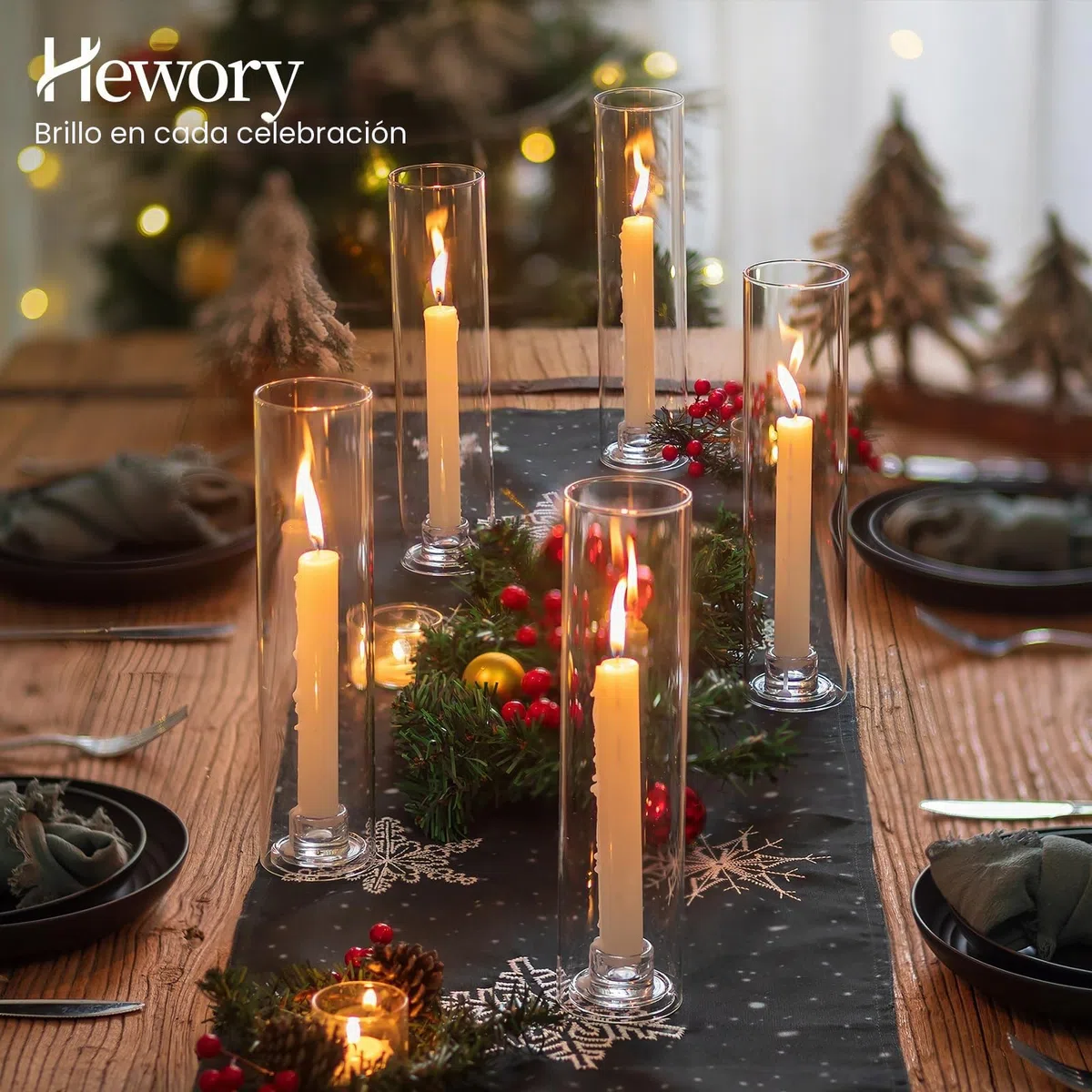 Hewory Portavelas de vidrio Hurricane – juego de 6 portavelas para velas cónicas, decoración moderna para mesa de boda, decoración de mesa navideña