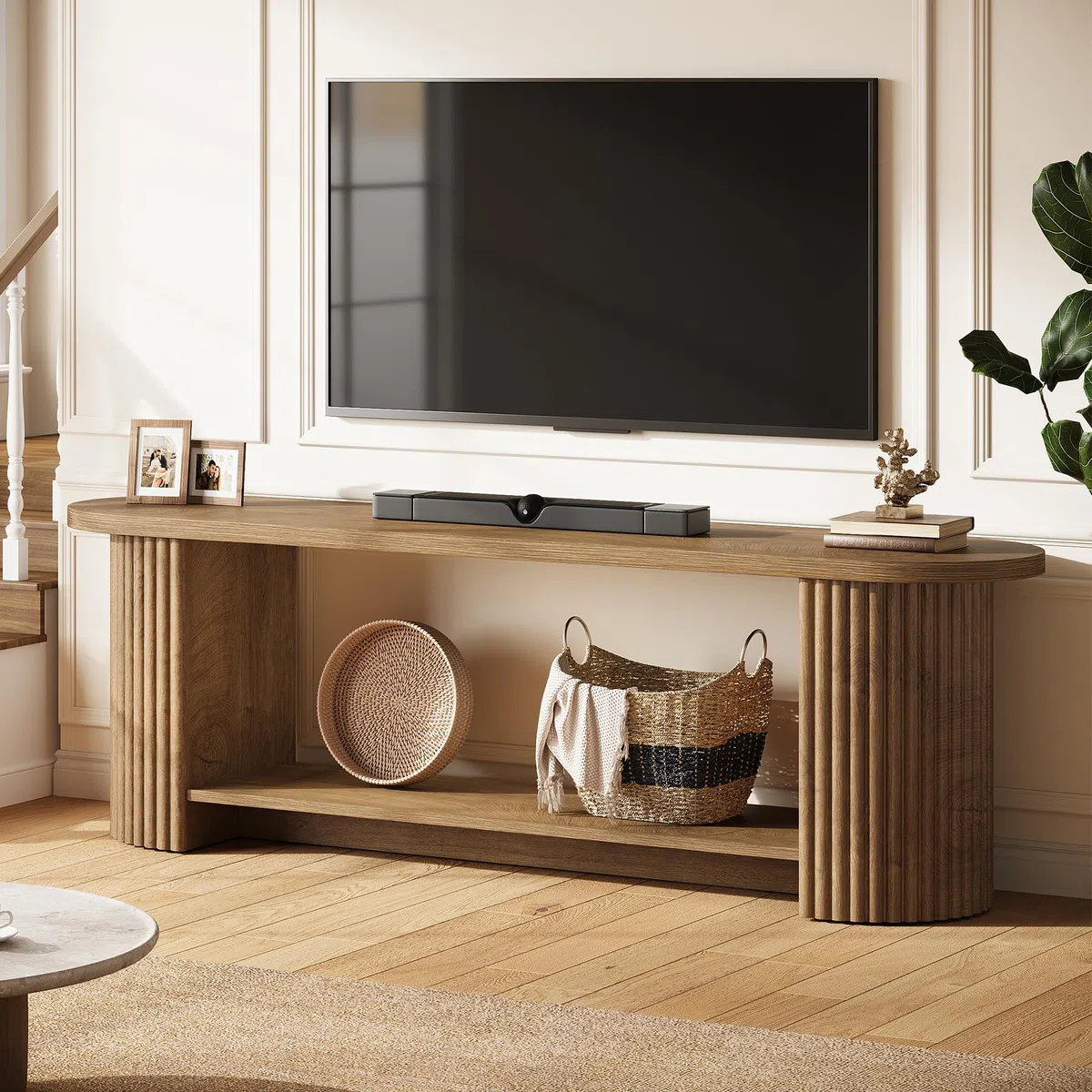 Tribesigns Mueble de TV de 160 cm, Mesa de TV de hasta 75 Pulgadas, Mueble para TV Rústico con Diseño Acanalado, Mueble Television con Almacenamiento para Salón, Dormitorio, Marrón