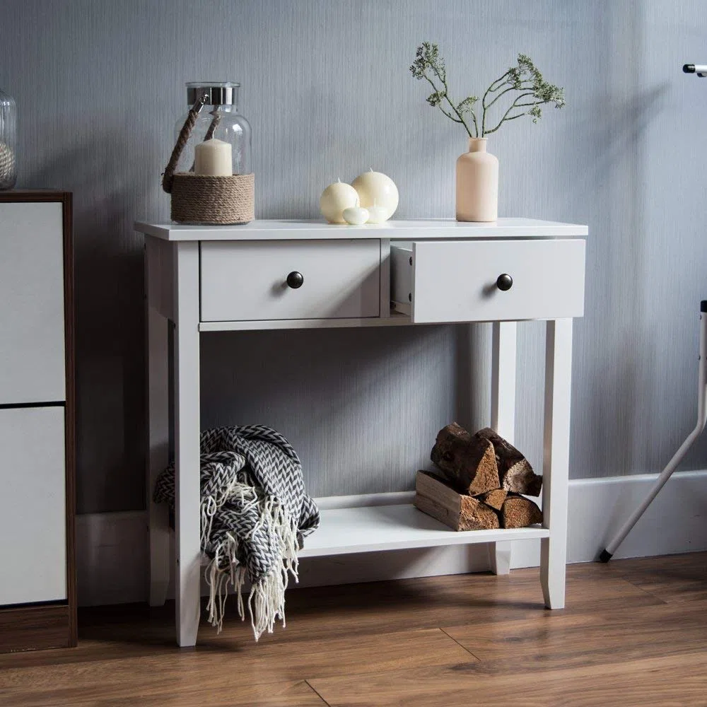 Mesa Consola de 2 cajones con estantería Home Discount Windsor Consola de 2 cajones, Mesa 74 x 80 x 30 cm Blanco