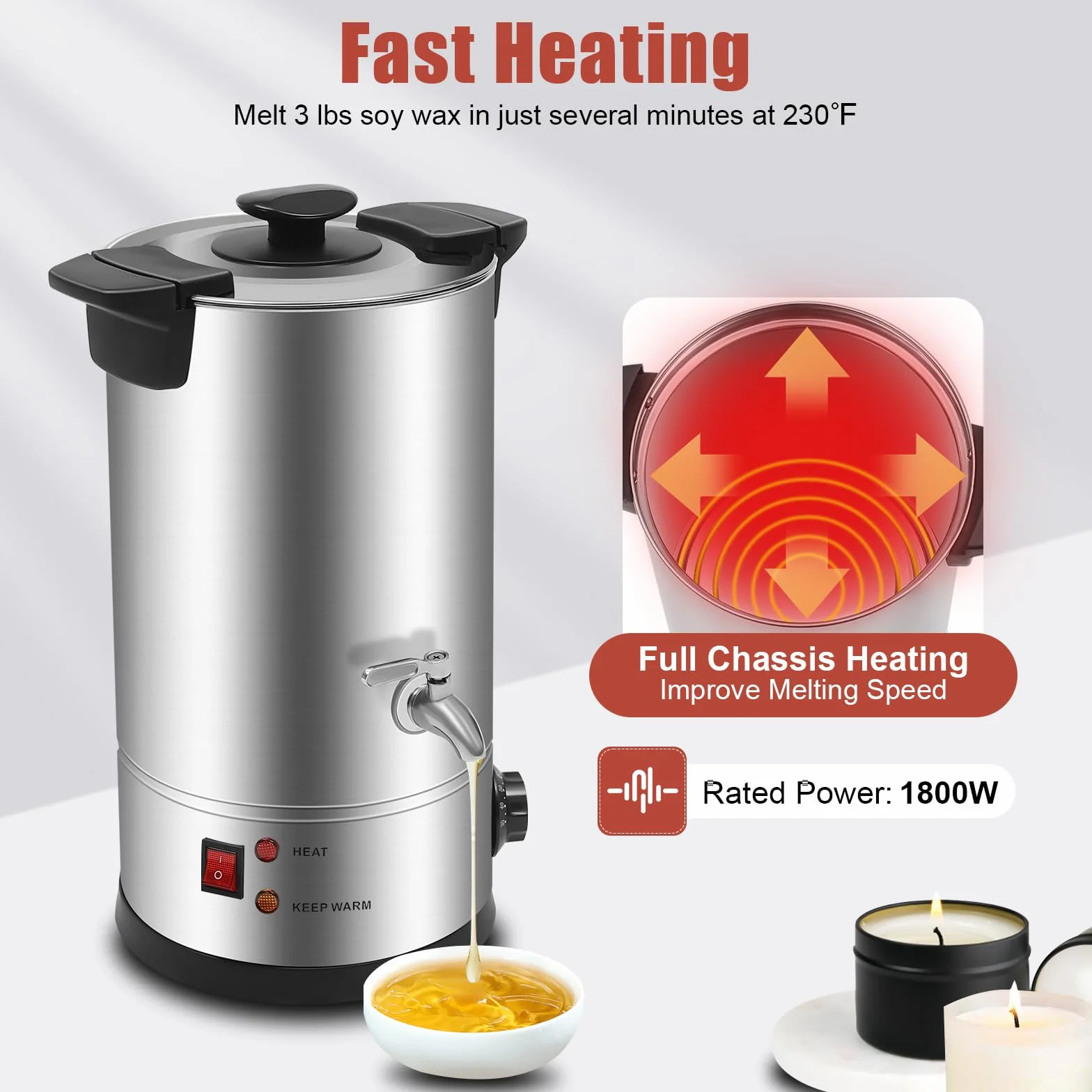 PUDLOR Olla de fusión de cera de 1800 W, 10 l, máquina de fusión de cera comercial grande 86 ℉-230 ℉ Temperatura Calefacción por suelo completo Termostato Interruptor de un botón para derretir