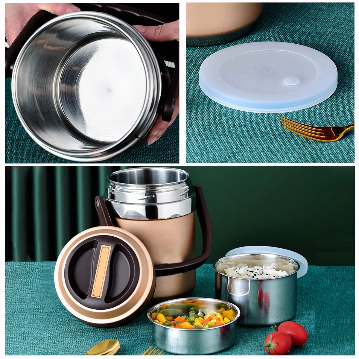 Fiambrera Térmica de Acero Inoxidable Prueba de Fugas Caja Bento Térmica con 2 Compartimentos Recipiente Térmico para Alimentos, Lunch Box para Trabajo de Oficina, Escuela, Hogar,Oro,1.6L