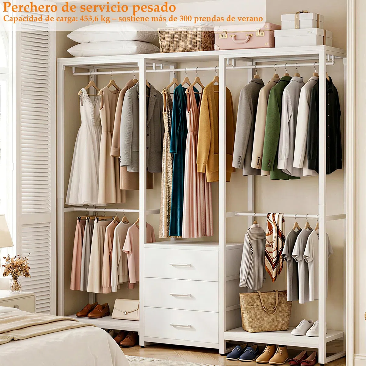Homieasy Armario Abierto Con 5 Barras Y 3 Cajones De Tela | Estructura De Metal Y Paneles De Madera, Capacidad De Carga Hasta 450 Kg, Para Dormitorio, Vestidor O Pasillo