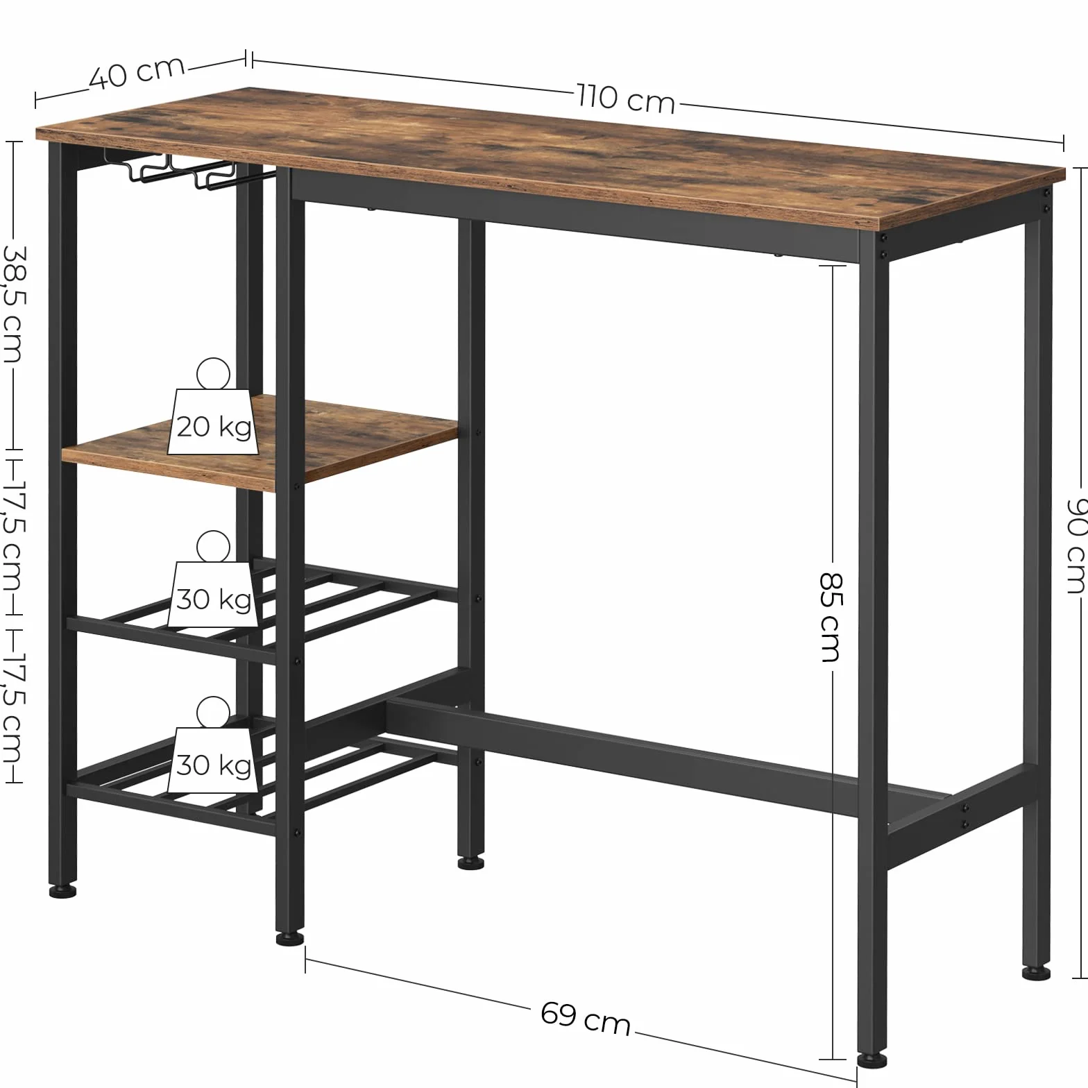VASAGLE Mesa alta de comedor, bar, con soporte para copas de vino y botellero, para salón, cocina, 110 x 40 x 90 cm, industrial, marrón rústico y negro LBT013B01, madera de ingeniería