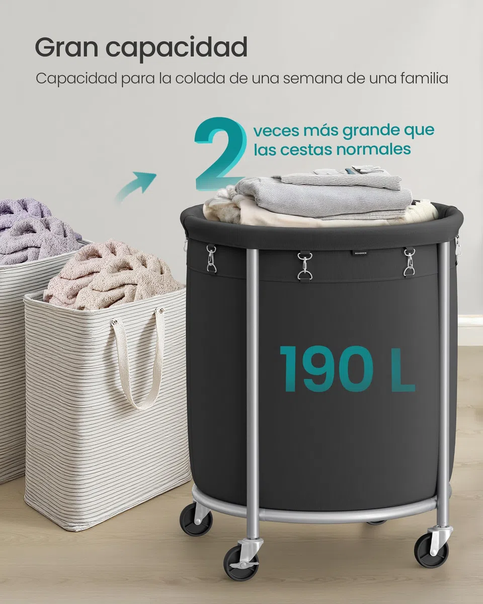 SONGMICS Cesto de Ropa Sucia con Ruedas, Cesta de la Ropa Sucia, 170 L, Cesto Redondo con Marco de Acero y Bolsa Extraíble, 4 Ruedas y 2 Frenos, Negro y Plata RLS001B01