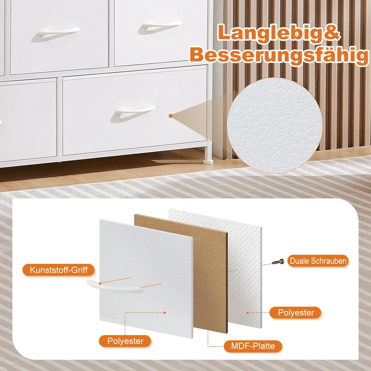 DUMOS Cómoda con cajones, cómoda y aparador para Dormitorio, Armario de 5 cajones, cómoda de Tela con Marco de Acero, Armario pequeño, Ideal para Pasillo, salón (Blanco)