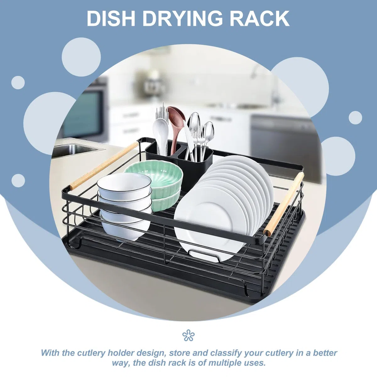 Escurridor Organizador Multifuncional Negro Gran Capacidad de Platos de Hierro para Cubiertos y Vajilla Bandeja para Encimera de Cocina