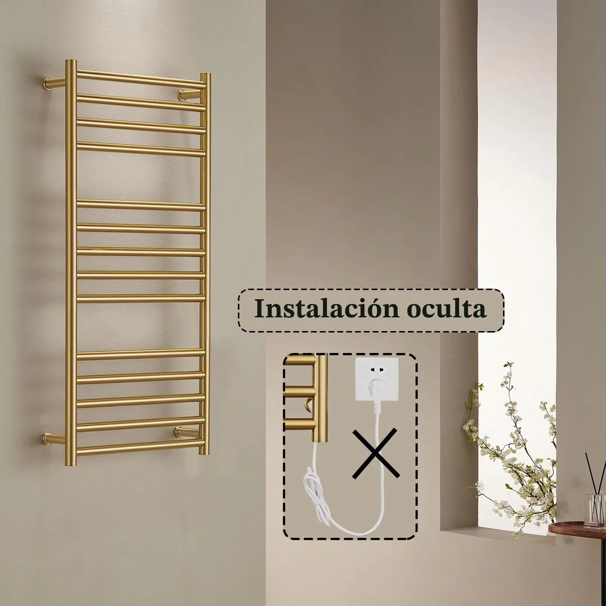 Radiador Toallero Eléctrico Baño Dorado Calentador de Toallas 162 W | Bajo Consumo, Acero Inoxidable, IP44 Impermeable, 110x52x12cm Instalación en la Pared, Fácil de Limpiar, con EU Enchufe