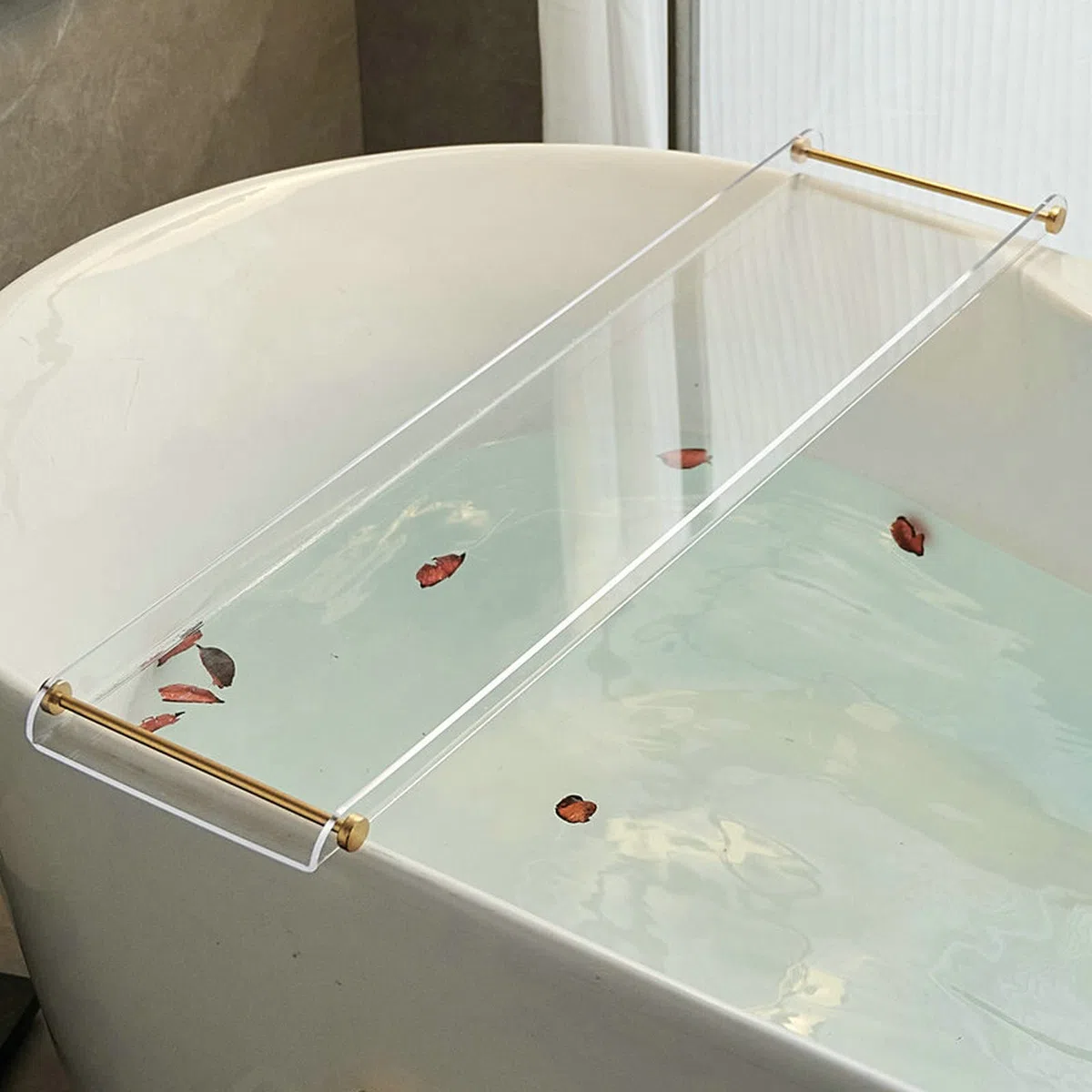 SHUNLI - Bandeja de acrílico para bañera, Estante Transparente para bañera con Mango Dorado, Organizador de baño de Lujo para Tablet