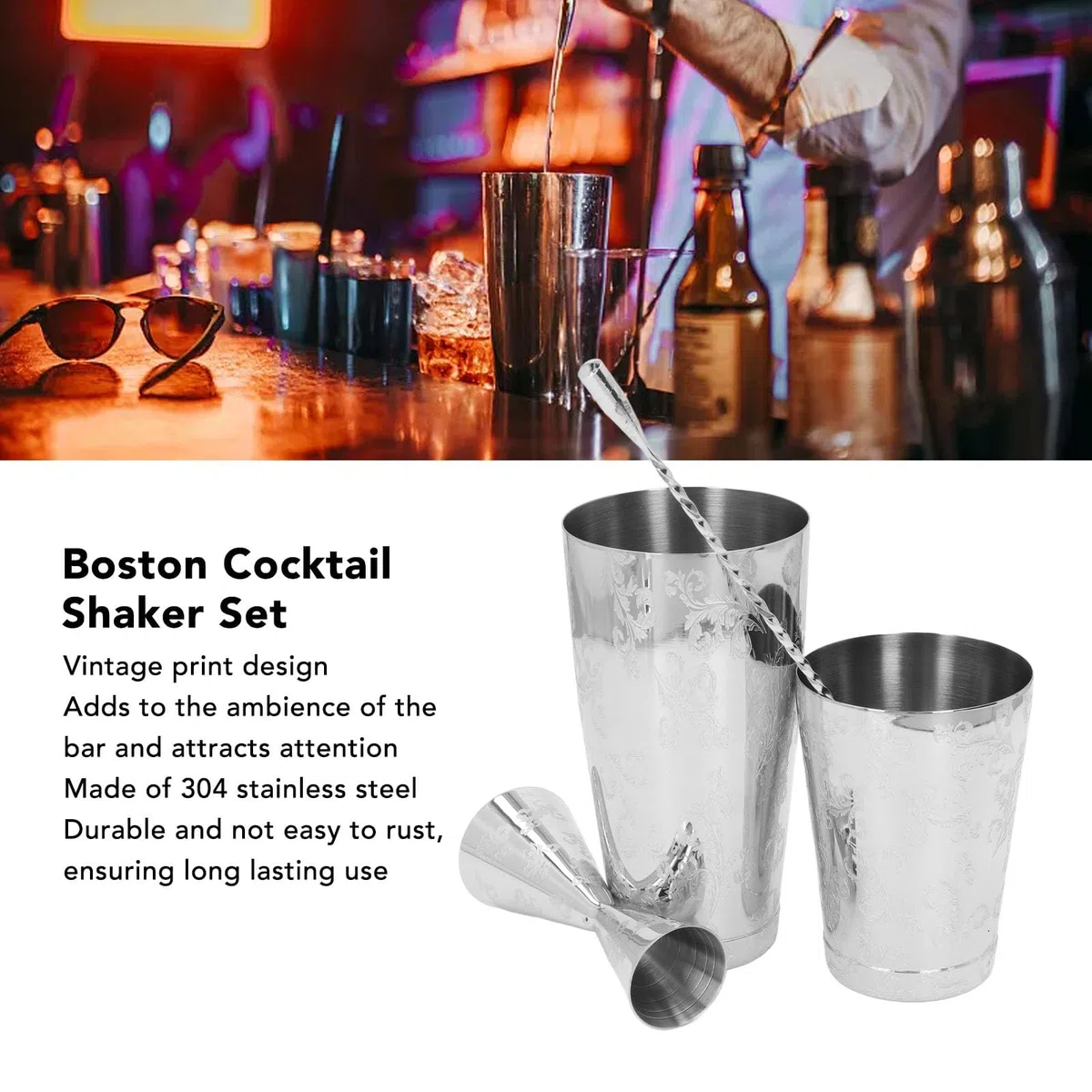 Conjunto de agitador de cócteles Boston, acero inoxidable 304 multifuncional, estampado vintage, capacidad media y fácil mantenimiento, incluye conjunto de coladores de cócteles (A)