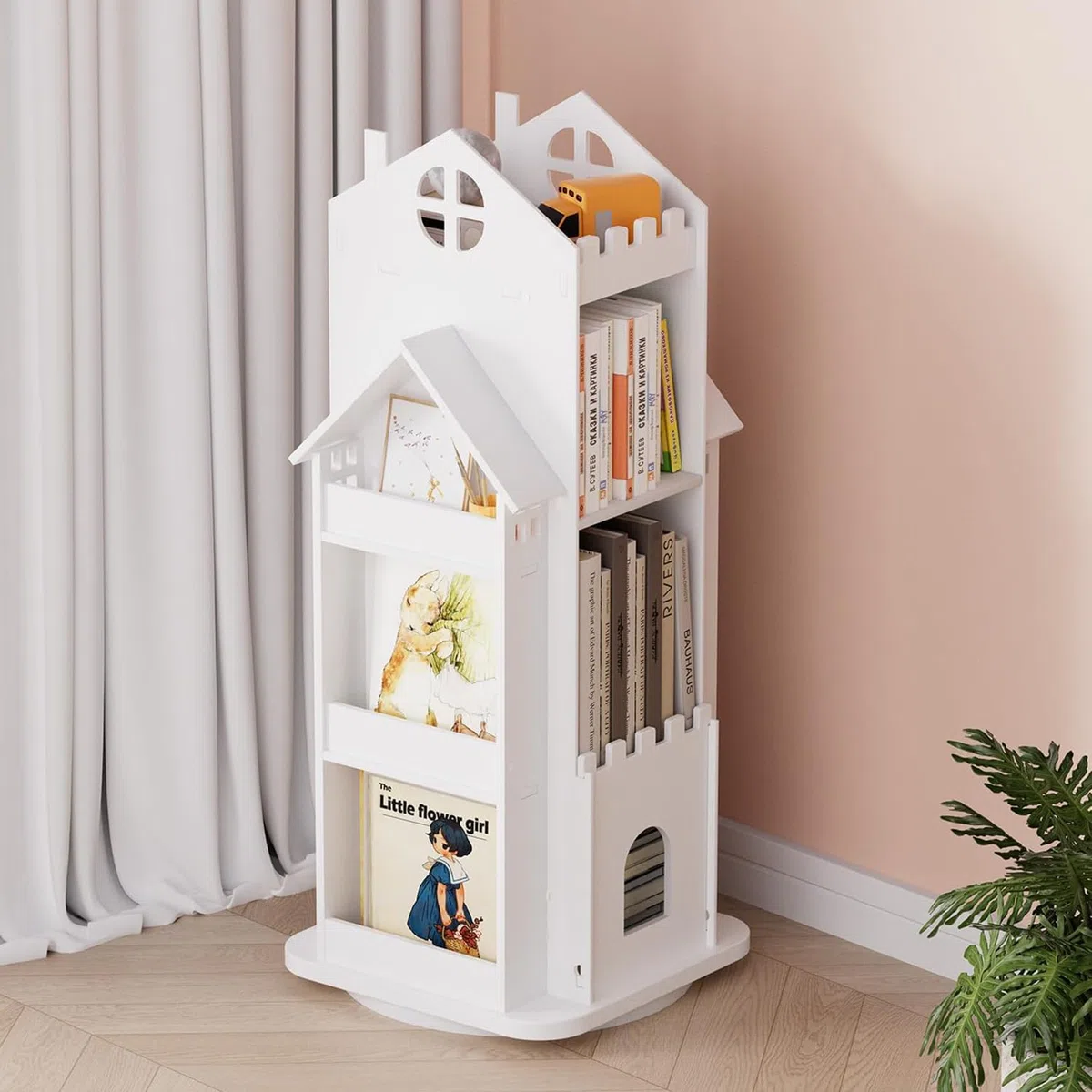 Nisorpa Estantería giratoria para niños con forma de casa, estantería blanca para niños, estantería de pie para niños, estantería giratoria para habitación de niños
