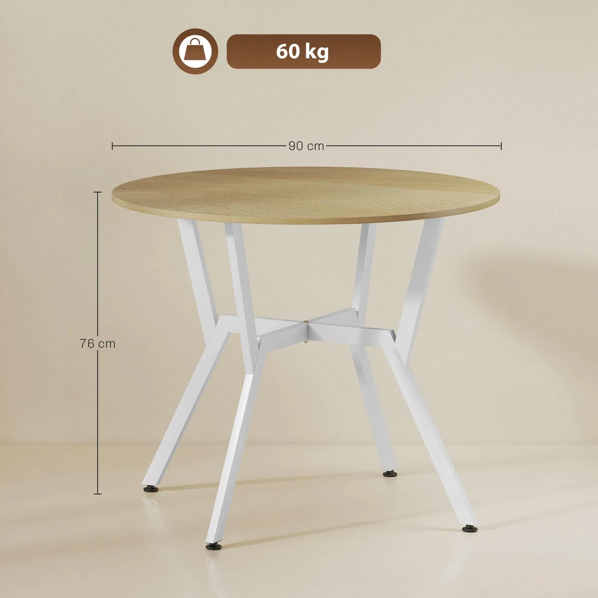 HOMCOM Mesa de Comedor Redonda para 2-4 Personas, Mesa de Cocina Industrial, Patas Curvadas de Acero, para Salón, 90x90x76 cm, Natural y Blanco