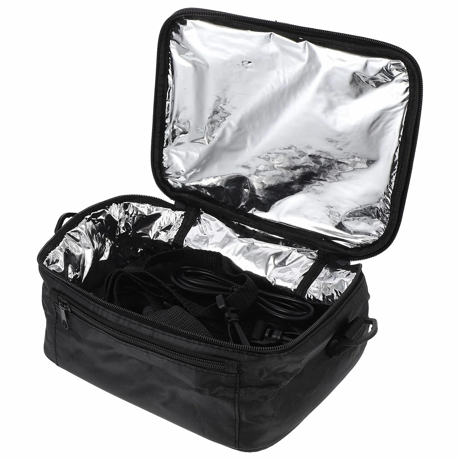 Amosfun Bolsa Térmica para Almuerzo 12v para Coche, Bolsa Aislante Portátil de Oxford Negra, Aluminio para Mantener Alimentos Calientes en Viajes y Oficina