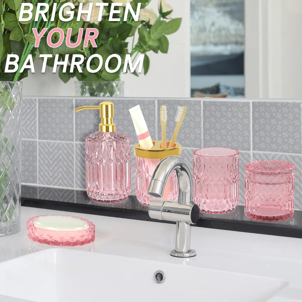Juego de accesorios de baño rosa – 5 piezas de decoración de baño de vidrio con dispensador de jabón, jabonera, soporte para cepillo de dientes, vaso y tarro de hisopo de algodón – Juego de accesorios