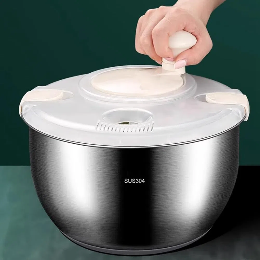 Centrifugadora Ensaladas 6 L, Acero Inoxidable, Grande, para Lavar Verduras, con Tapa Polipropileno, para Lavar Frutas, Centrifugar Pastas y Patatas Fritas, y Secar Ensaladas