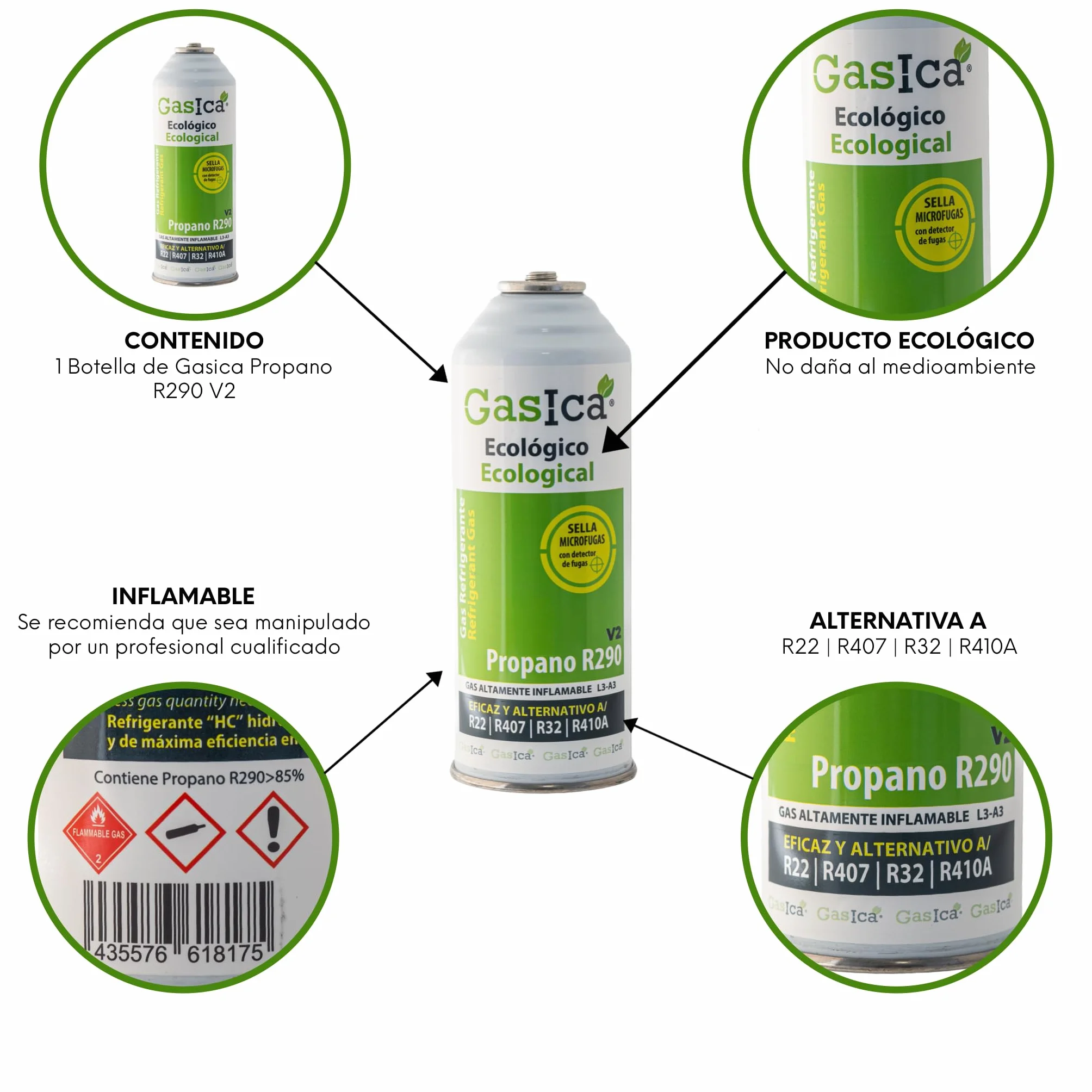 2x Envases GASICA V2 | 452g Neto Total | Gas Refrigerante Ecológico Alternativo R22, R407C y R410A | Incluye Válvula de Servicio (Para Ambos Botes) | Sustituto Rápido A/C