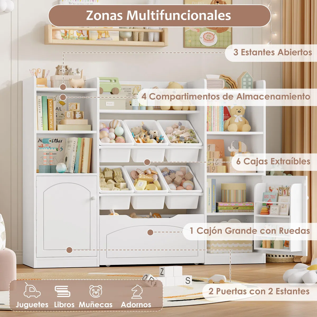 FOREHILL Mueble Almacenaje Juguetes, Organizador Juguetes, 6 Cajas, Blanco | Mueble Juguetes Organizador, 8 Compartimentos, 2 Estantes para Puertas, 1 Cajón Grande, 140.5x33x108.2cm