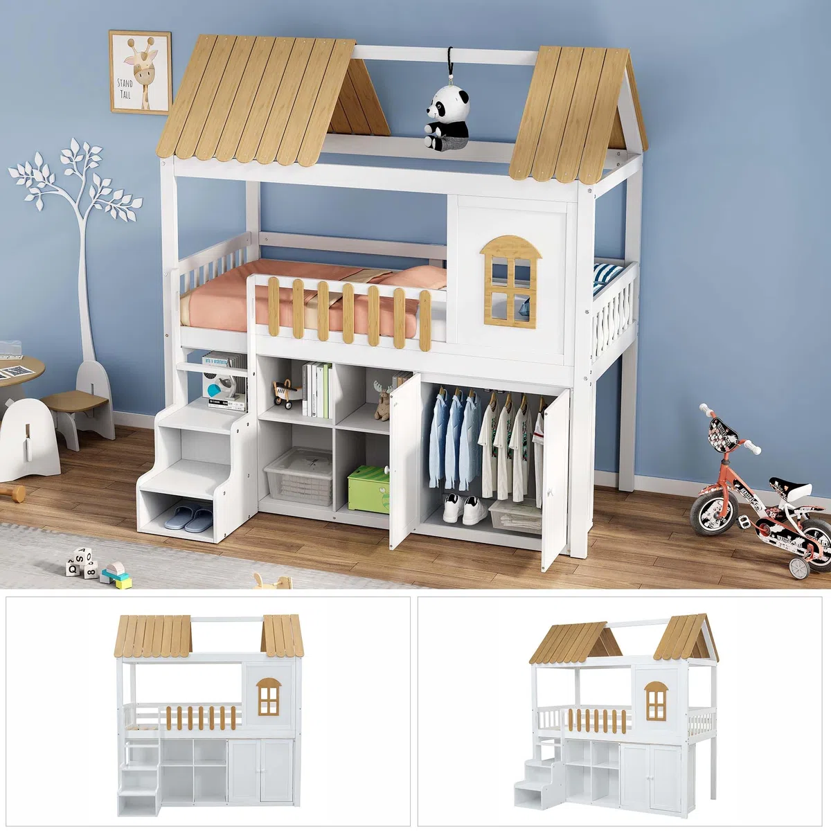 Cama alta de 90 x 200 cm, cuna con armario, cama de madera con ventana y zapatero, cama para niños y adolescentes (sin colchón) blanco+pino natural