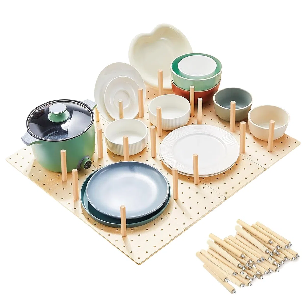 Organizador de Cajones Perforados, Sistema de Clavijas Madera de 4 Piezas con 32 Palos Madera, Bandeja Organizadora de Platos Ajustable