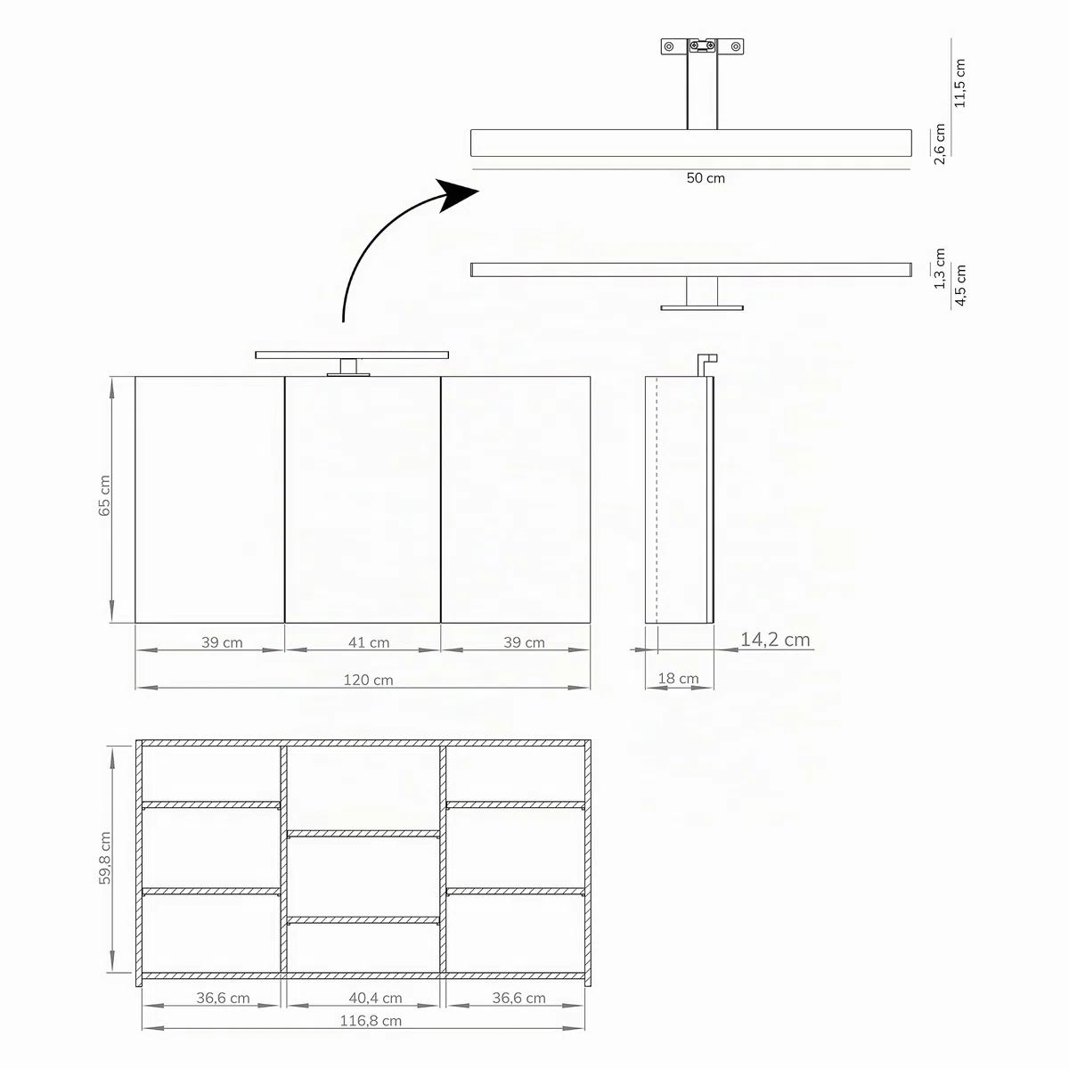 Baikal Mueble Camerino con Espejo, Armario Auxiliar de Baño Multiusos, Opción con o sin Luz LED. Mueble de Pared de fácil colocación. Armario MONTADO. Acabado Blanco. Camerino LED 120 cm
