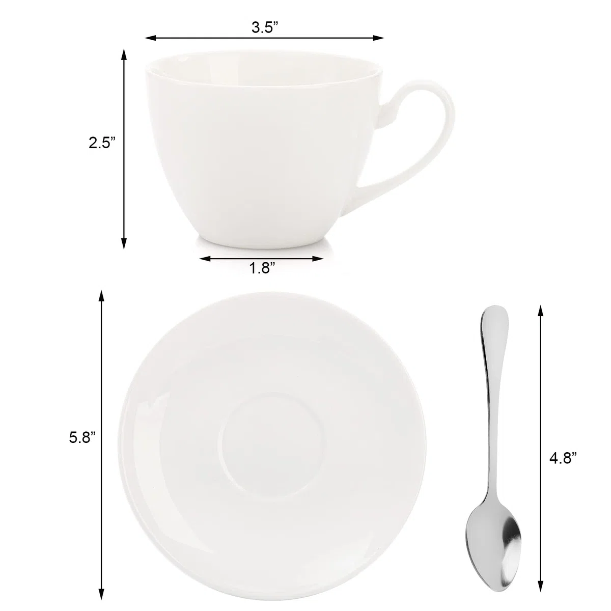 Foraineam Juego de 6 tazas de café expreso con platillos y cucharas, juego de tazas de té blanco de 6 onzas, taza de café de porcelana y platillo con cuchara de acero inoxidable para bebidas de café