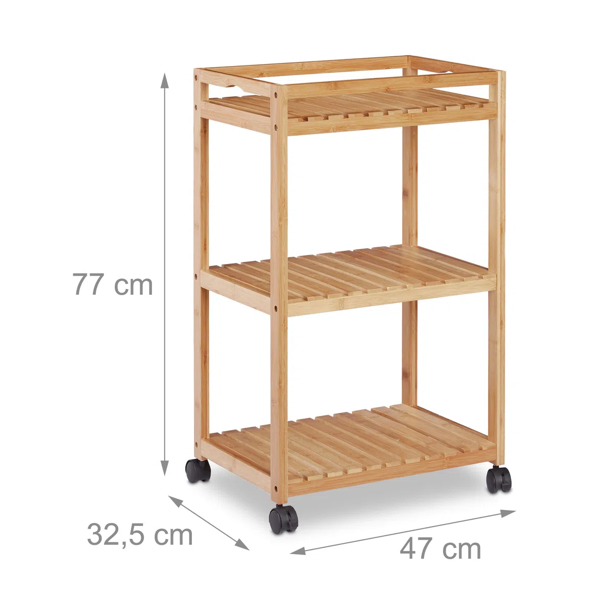 Relaxdays Camarera de 3 Pisos, Carrito Cocina, Carro Auxiliar Bambú con Ruedas Plástico, 77 x 47 x 32,5 cm, Marrón