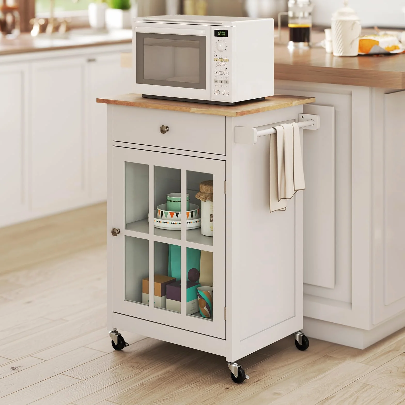 KOMFOTTEU Carrito de Cocina con Ruedas, Carro de Servicio con Cajón, Puerta de Vidrio Templado, Toallero, Tablero de Madera de Caucho, Mesa de Bar Móvil con Estante Ajustable para Salón