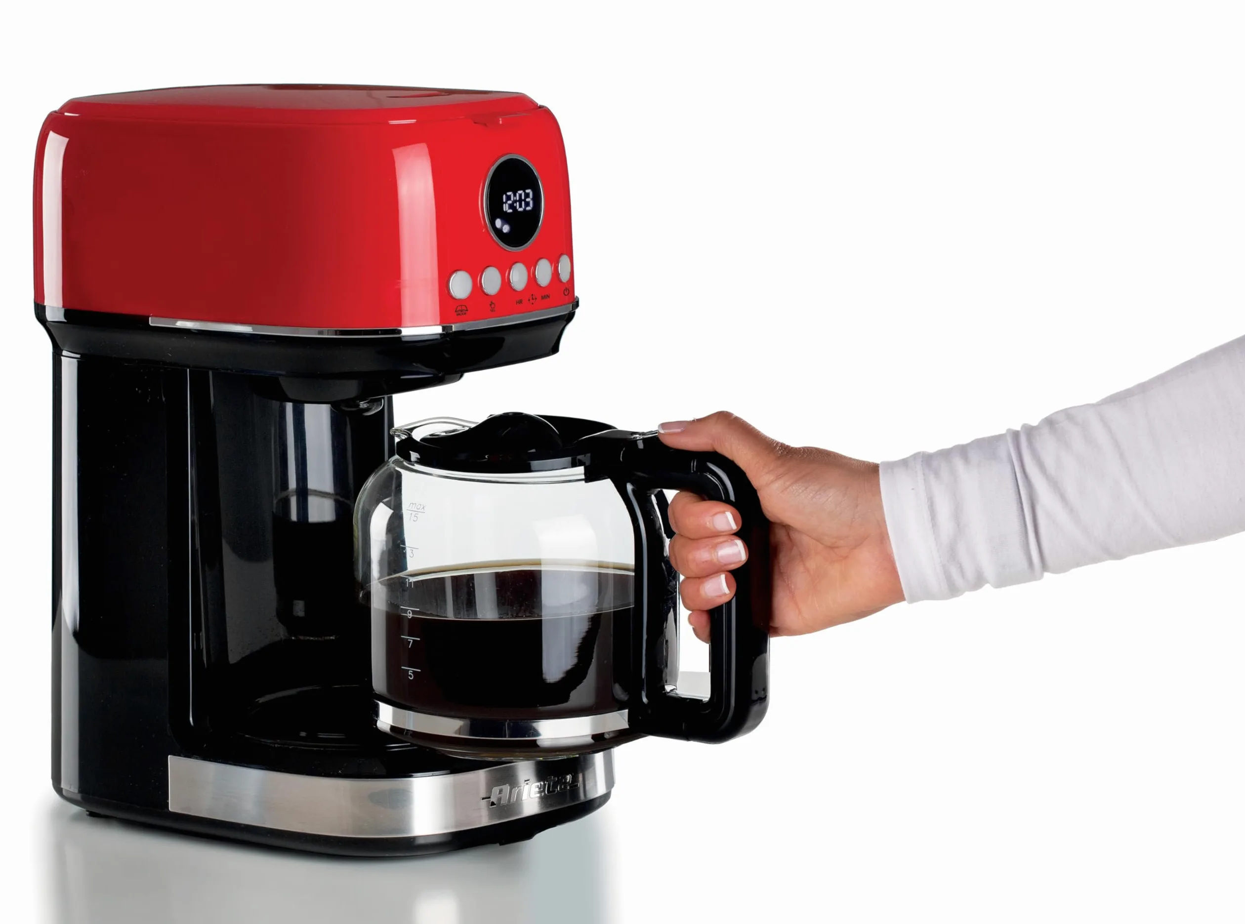 Ariete 1396/00 Moderna cafetera de filtro, Café de goteo, Capacidad hasta 15 tazas, Base calefactora, Pantalla LCD, Filtros extraíbles y lavables, Roja