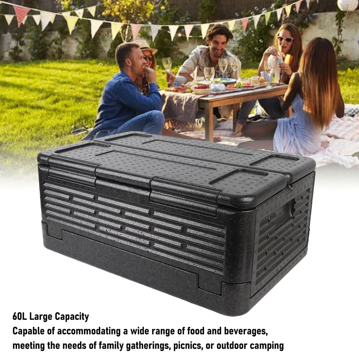 Caja Aislante para Alimentos, 60 L, de Gran Capacidad, Plegable, Portátil, con Contenedor Aislado para Acampar Al Aire Libre, Picnic, Pesca, Playa, Familia, Compras (BLACK)