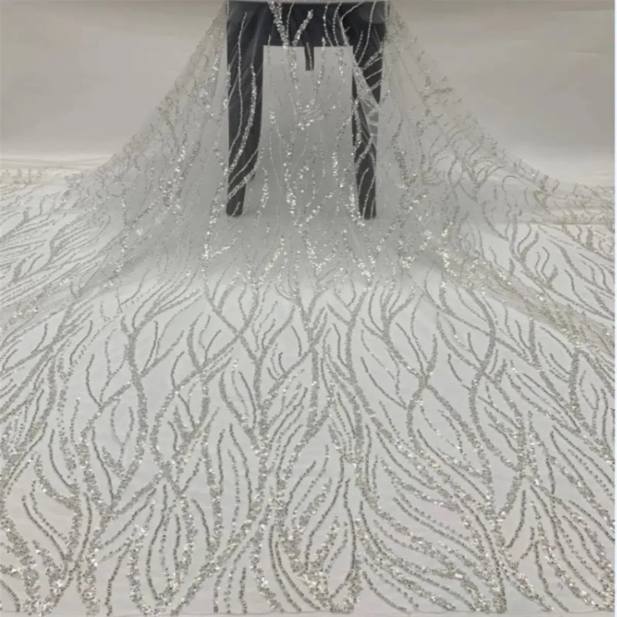 5 Yards Embroidered Tulle Lace Fabric | Tube Lace With Silver Beads 3cm Sequins Multicolor For Sewing(Light Blue)