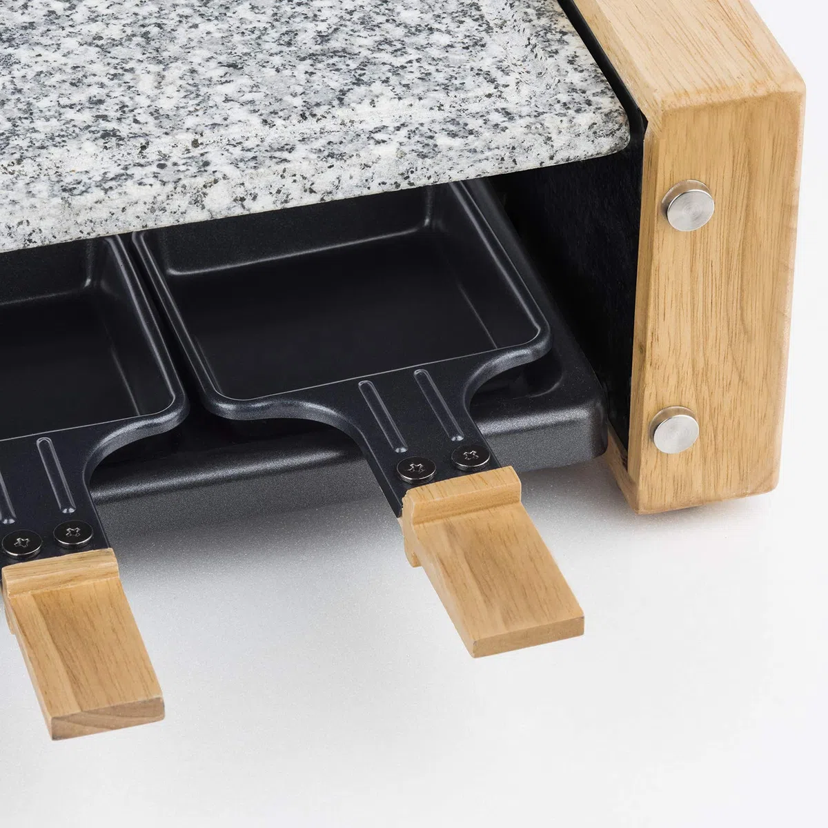 H.Koenig Raclette Multifunción 8 personas WOD8 Diseño en madera natural, Piedra de granito extraíble, Set profesional de fondue de queso raclette, 8 sartenes antiadherentes, 8 espátulas de madera