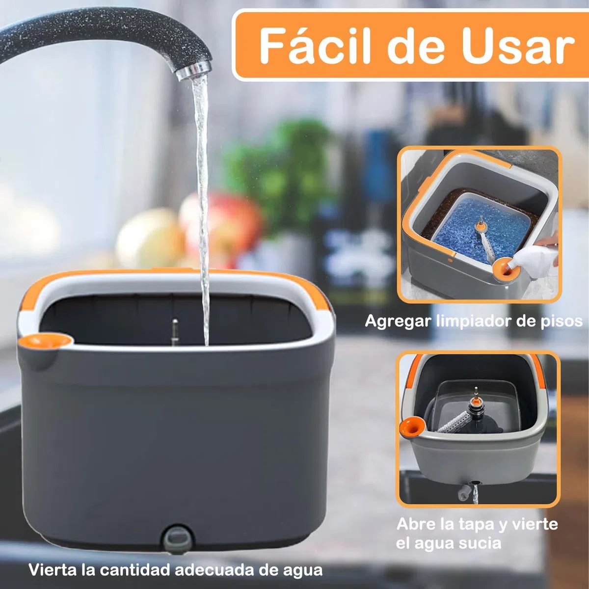 Juego de Fregona Giratoria y Cubeta con 6 Almohadillas de Reemplazables de Microfibra con Sistema de Separación Automática de Agua Sucia y Limpia Cabeza de Fregona Giratoria Autoescurrido