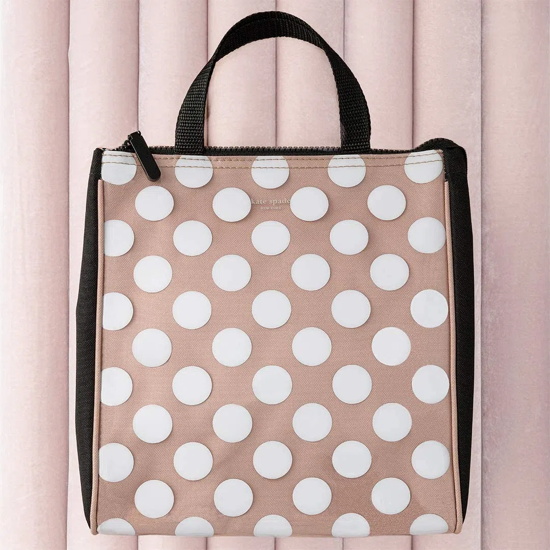 Kate Spade New York Bolsa de almuerzo isotérmica portátil con forro interior aislado plateado y bolsillo de almacenamiento, lunares jumbo