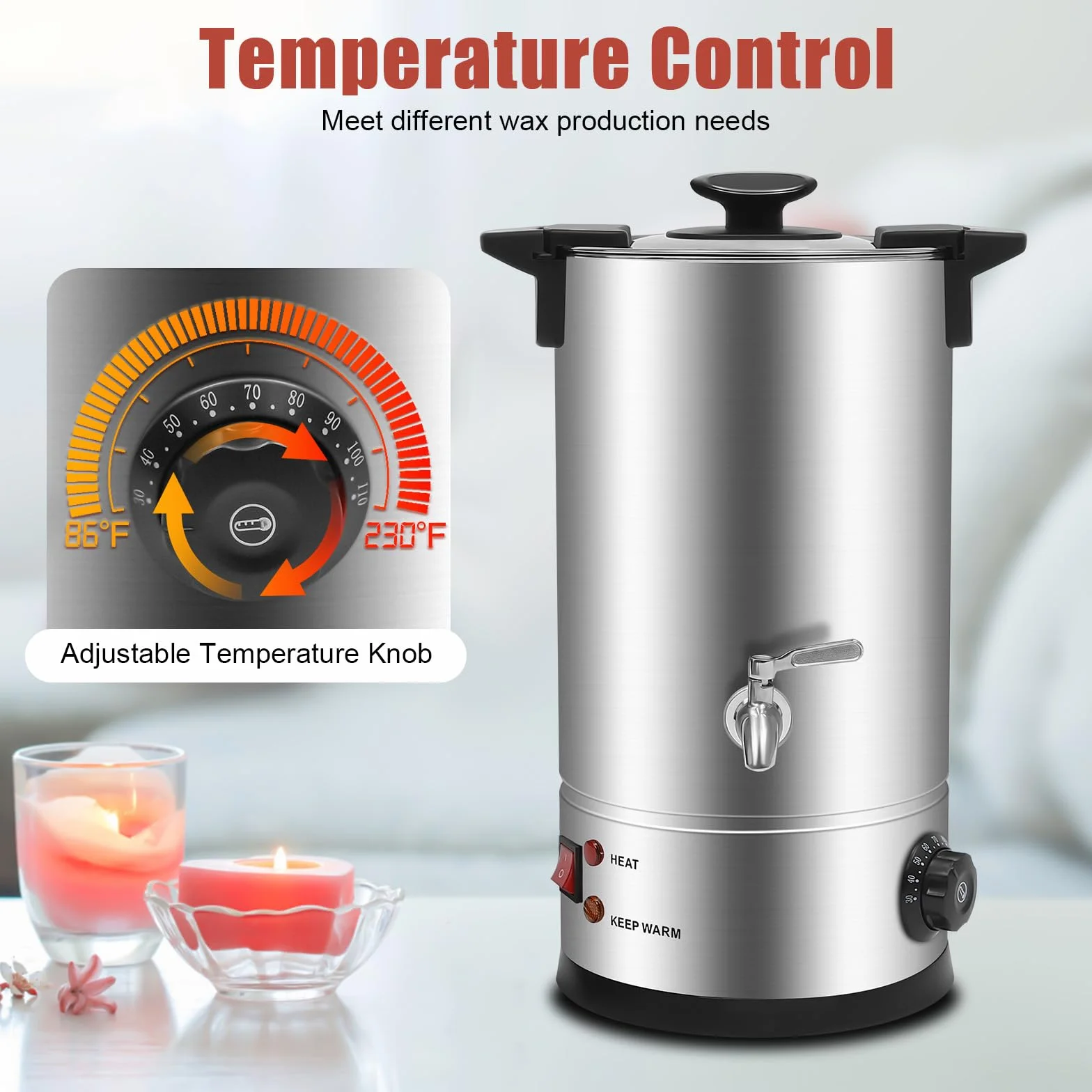 PUDLOR Olla de fusión de cera de 1800 W, 10 l, máquina de fusión de cera comercial grande 86 ℉-230 ℉ Temperatura Calefacción por suelo completo Termostato Interruptor de un botón para derretir