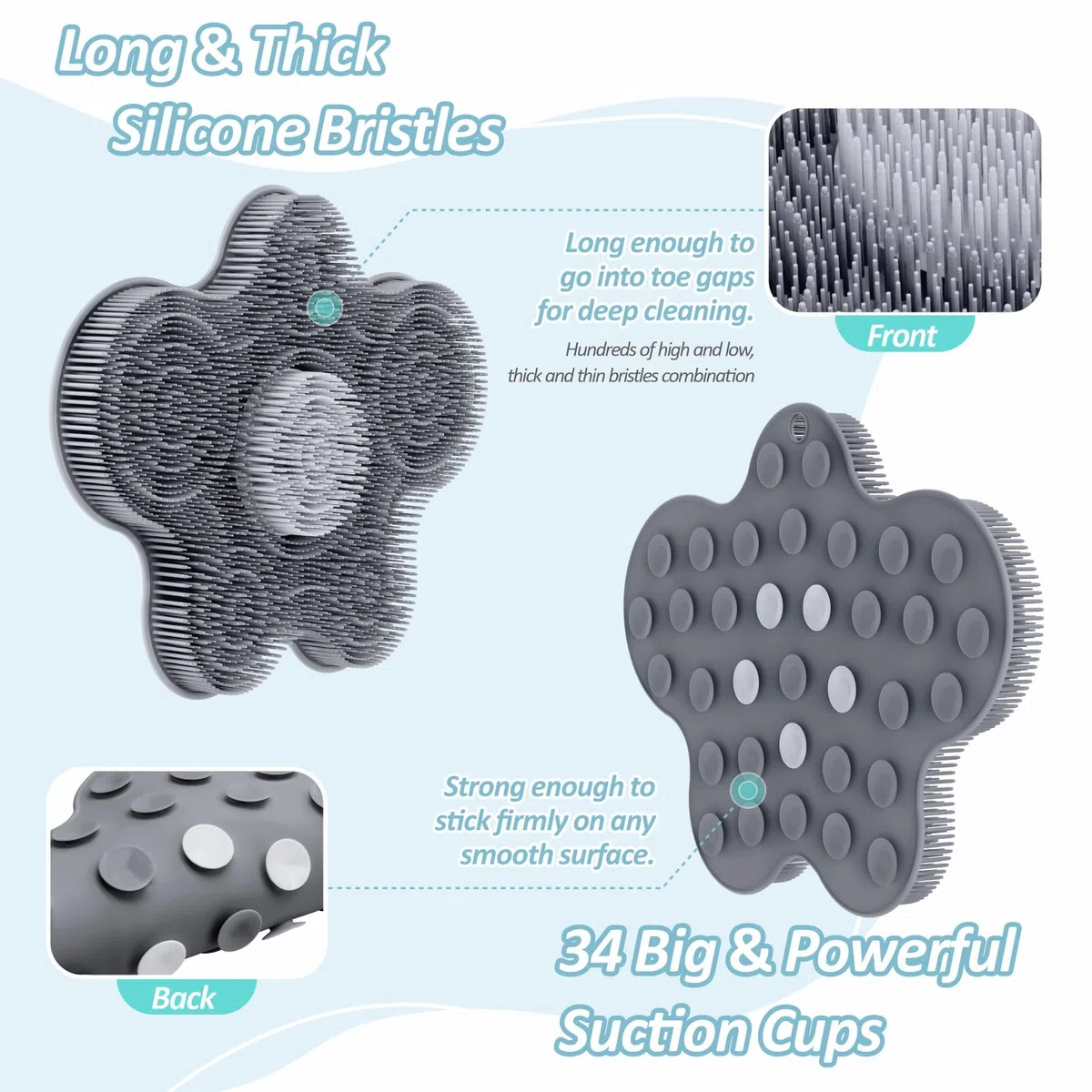 Juego de alfombrilla de silicona para pies de ducha y limpiador corporal de silicona, limpiador de espalda grande montado en la pared para limpiar, exfoliar y masajear sin doblarse (gris +