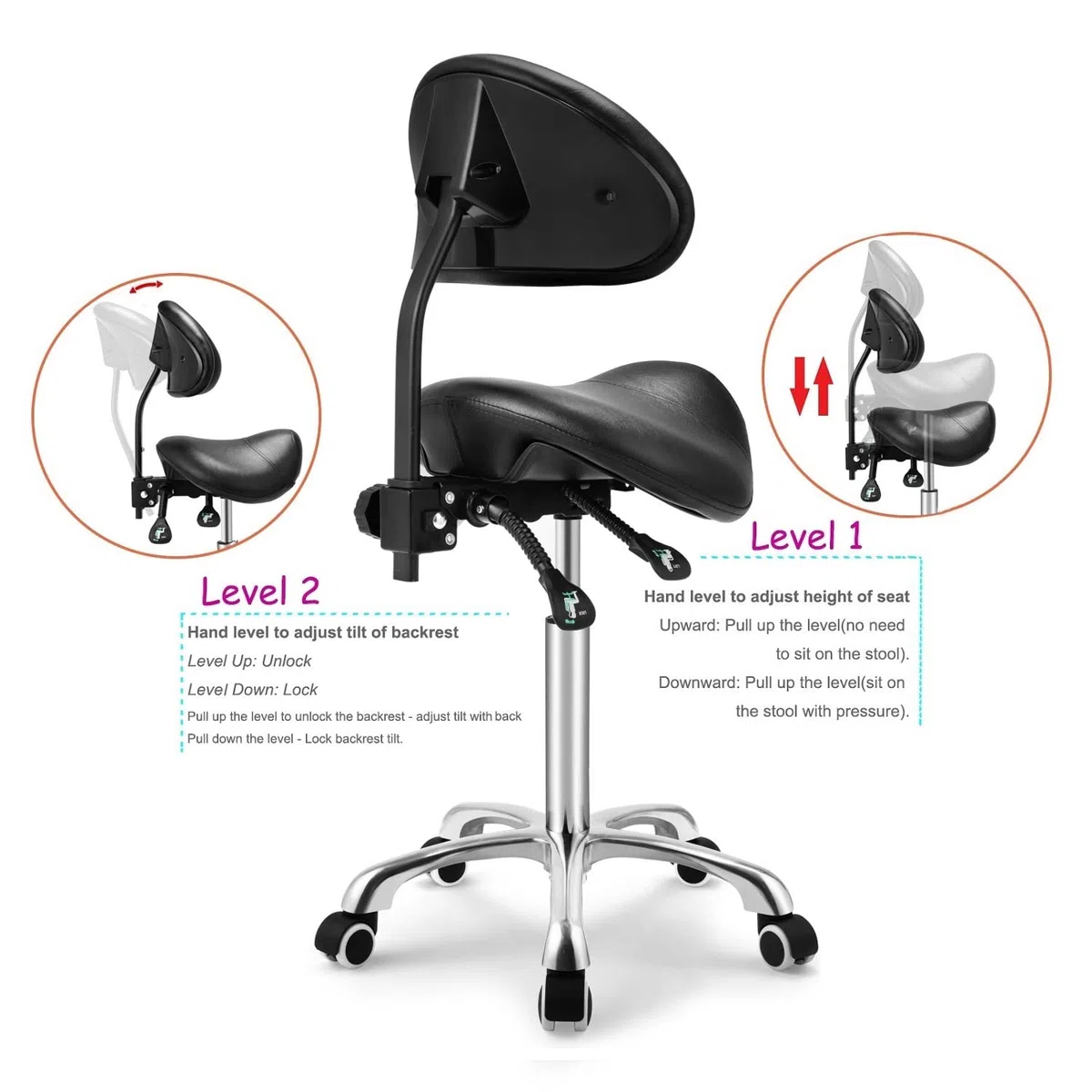 Kaleurrier Taburete giratorio con ruedas, altura ajustable con ruedas, resistente antifatiga, taburete ergonómico para laboratorio, clínica, dentista, salón, masaje, oficina y cocina en casa (con