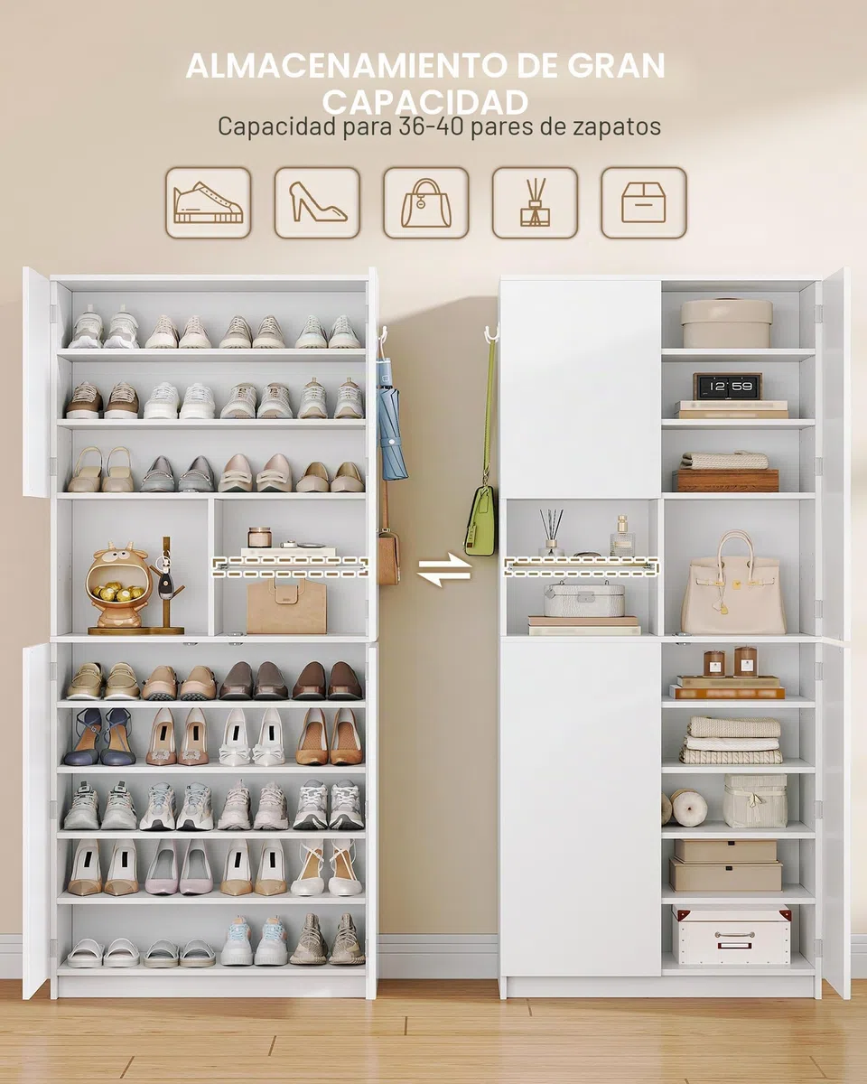 Hzuaneri Zapatero Alto con Espejo, Mueble de Recibidor para 36-40 Pares de Zapatos, Armario de Entrada con Mecanismo Push-to-Open, Estantes Ajustables, 2 Ganchos y Estante Abierto 36x80x180 cm Blanco | Apertura por presión, separador ajustable, 2 ganchos,