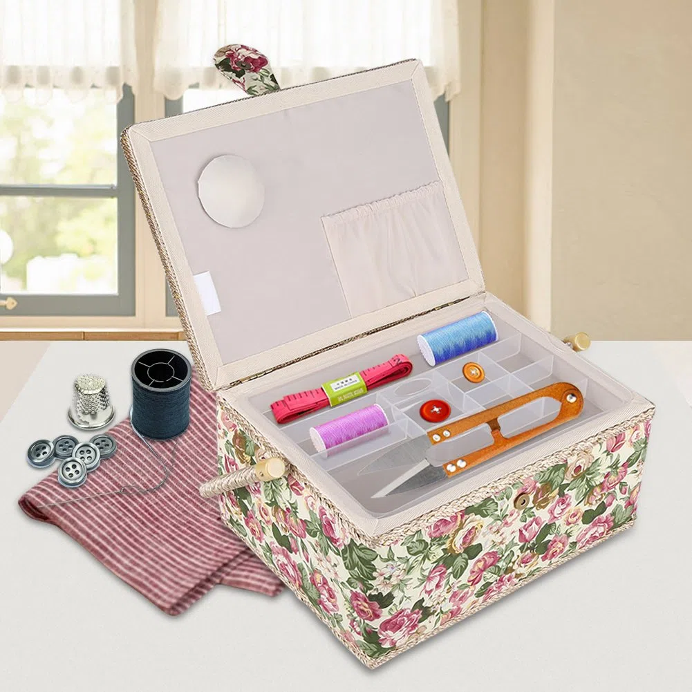 Costurero Dioche con flores de rosa, cesta de costura con estampado y mango ergonómico para organizador del hogar, 30,5 x 23,1 x 15,5 cm