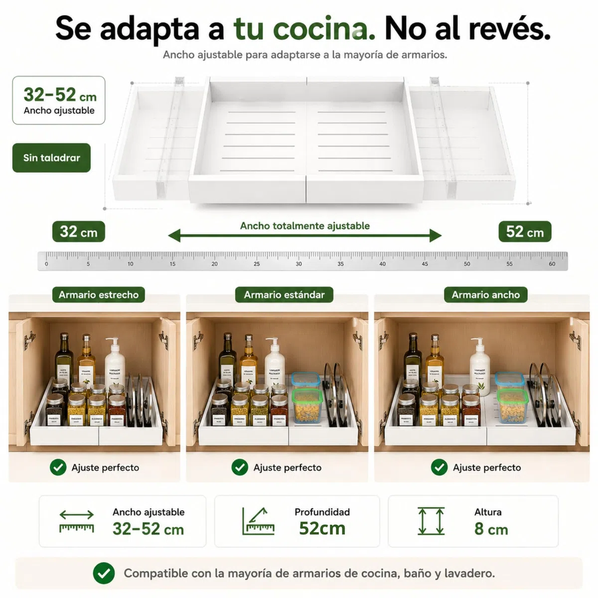 Cajones Extraibles para Cocina - Bandeja Extraíble Armario Cocina - Organizador Armario de Ancho Ajustable (32-52 cm) Para Almacenaje y Organizador en Hogar - Sin Taladrar (Blanco 52)
