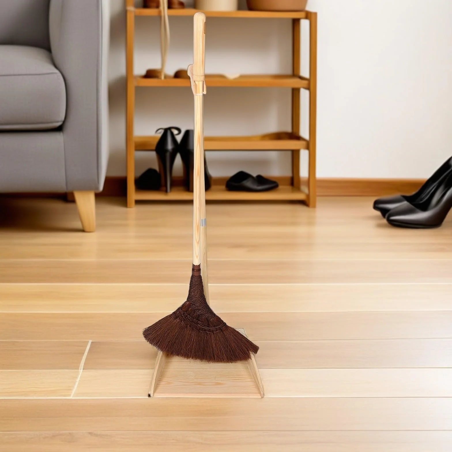 GALPADA Juego de Escoba y Recogedor de Madera y Palma Antistático para Limpieza en Hogar y Jardín Diseño Clásico Hecho a Mano