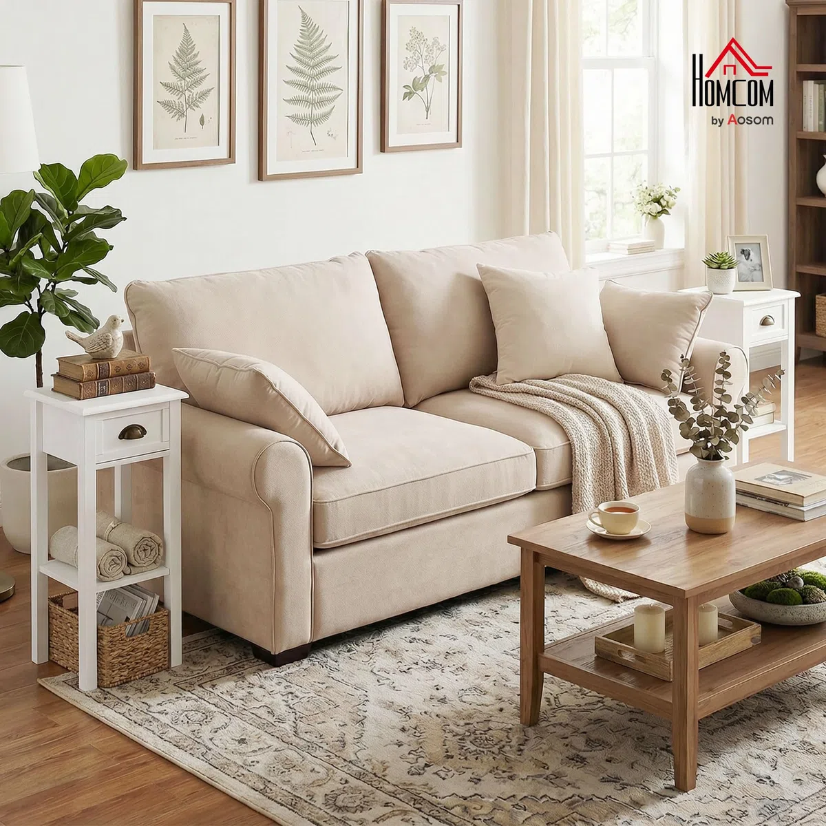 HOMCOM Juego de 2 Mesas Auxiliares Modernas, Mesas Auxiliares para Sofá, con Cajón y Estante, Mesitas de Noche para Salón, Dormitorio, 30x30x75 cm, Blanco