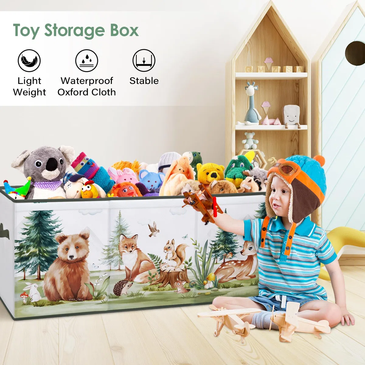 Caja de Juguete Extra Grande con Tapa Abatible, Caja Almacenaje Oxford Plegable con Asa para Niños Niñas, Baúl Juguetes y Almacenamiento Impermeable Resistente, 96×32×40 (Animales de invierno)