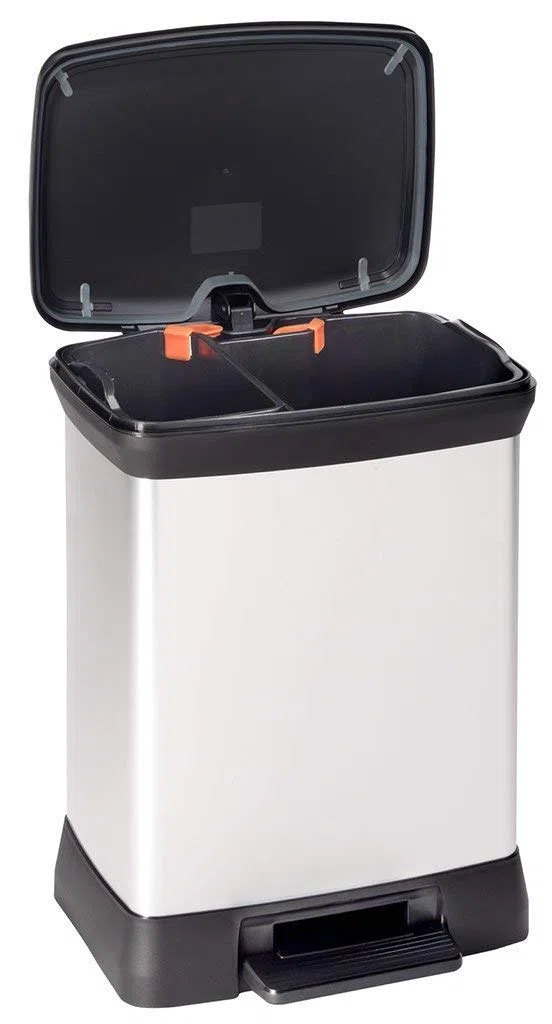 Curver - Cubo de basura Deco Duo con pedal, 2 cubetas 10+18L, acabado color acero