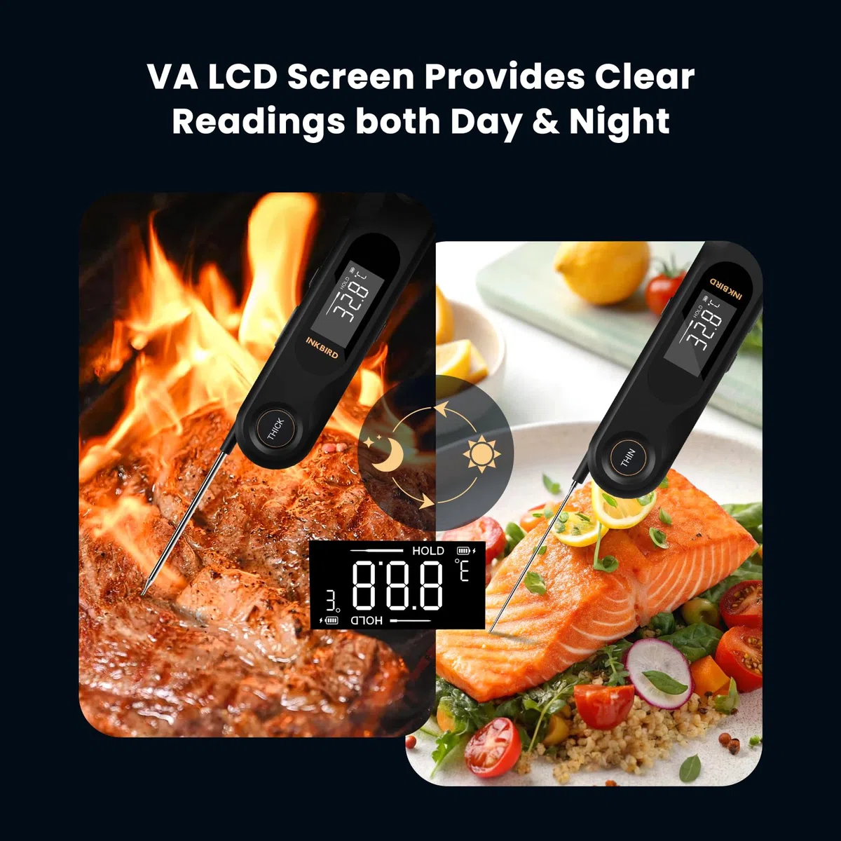 INKBIRD IHT-42K Termómetro digital para carne, termómetro de dos sondas, termómetro para barbacoa, sensor K, 0,5 segundos de visualización instantánea, activación por giro, termómetro de horno para