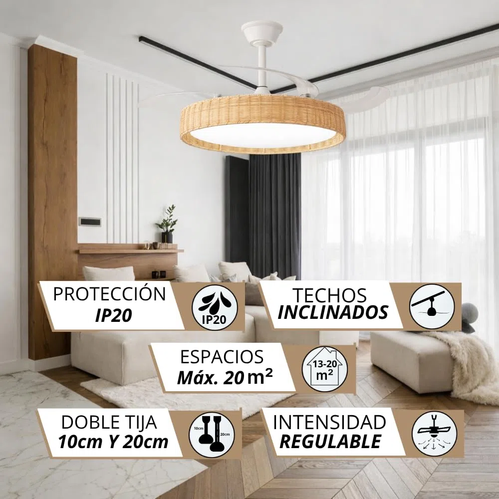 NARVI Ventilador de Techo Mimbre Haya Crema NERJA 7939 WDNL | Ø107 cm, Luz LED Regulable, Motor DC Silencioso de Bajo Consumo, Mando Incluido, 3 Aspas Retráctiles