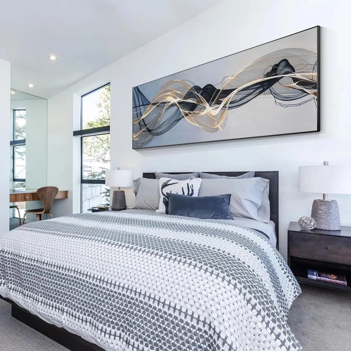 ICOMPY Arte de pared sobre la cama para dormitorio, cinta abstracta gris dorada y negra, pintura sobre lienzo, carteles grandes, decoración moderna para el hogar, 50x150 cm, sin marco