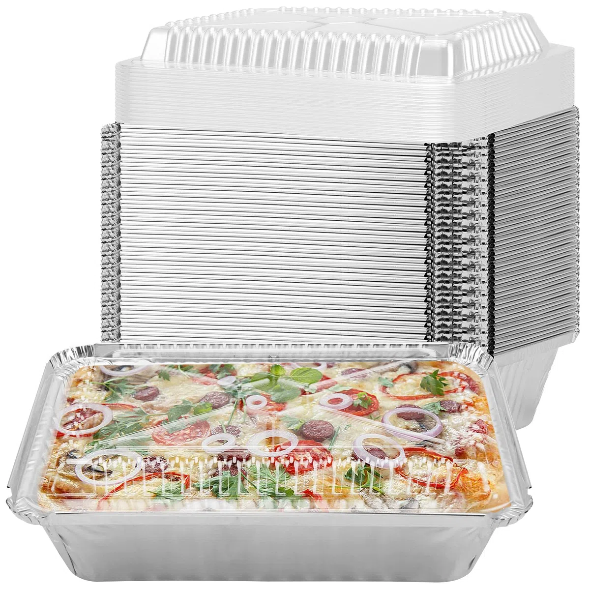 Paquete de 125 sartenes desechables de papel de aluminio de 8.5 x 6.3 pulgadas, recipientes de papel de aluminio de 2.2 libras con tapas de plástico, sartén rectangular de aluminio para hornear
