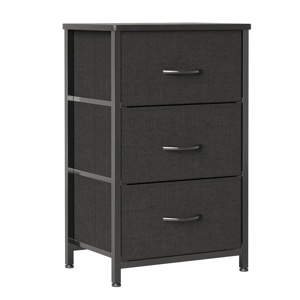 CAIYUN Cómoda de cabecera con 3 cajones, estrecho armario de tela, aparador con tablero de madera, almacenamiento para dormitorio, sala de estar, pasillo, diseño moderno, negro, ahorro de espacio