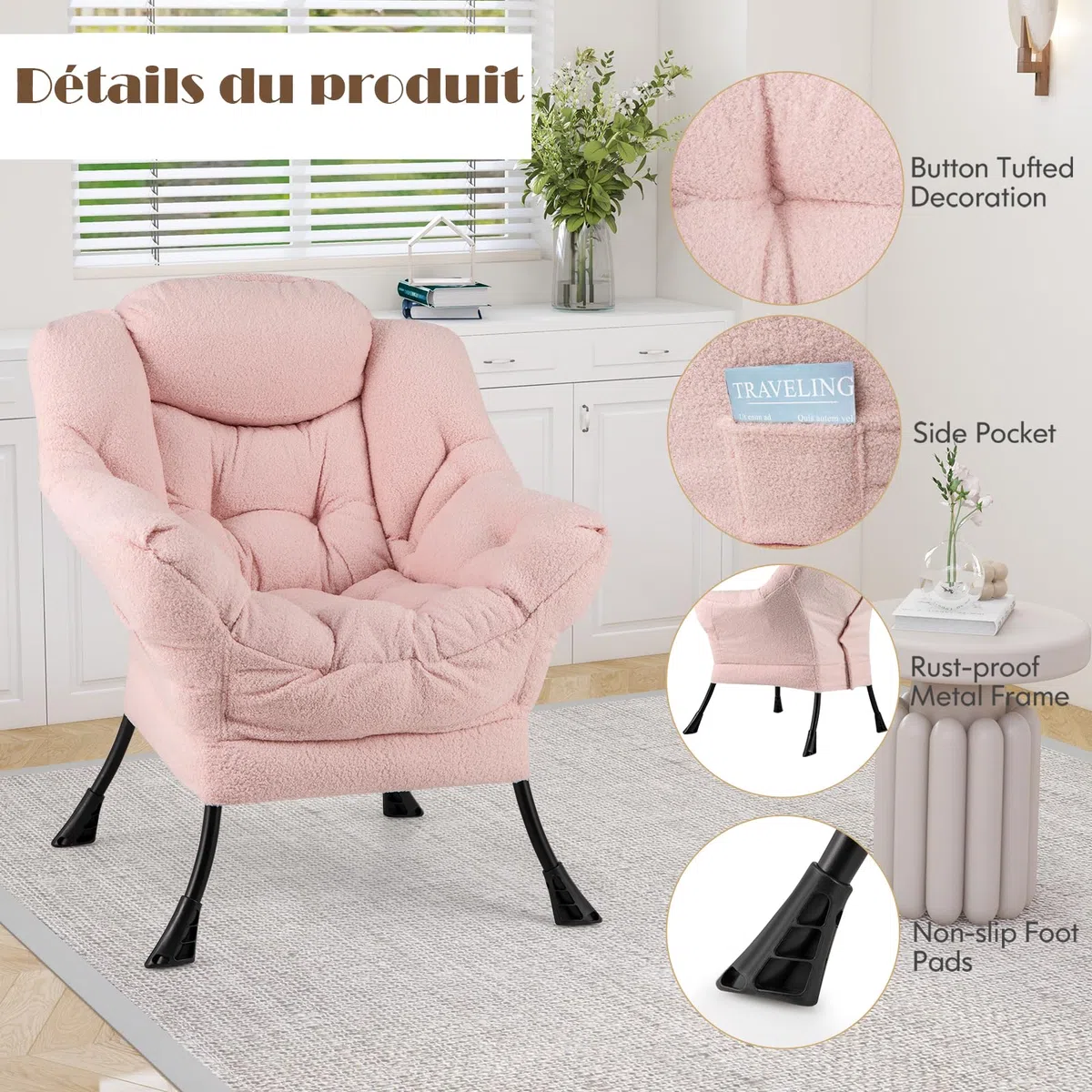 HOMASIS Sillón reclinable tapizado, sillón con reposabrazos y Almohada, sillón de Lectura con Bolsillo Lateral, sillón TV en Tela y Metal para salón Dormitorio (Modelo 1 sin Taburete, Rosa)