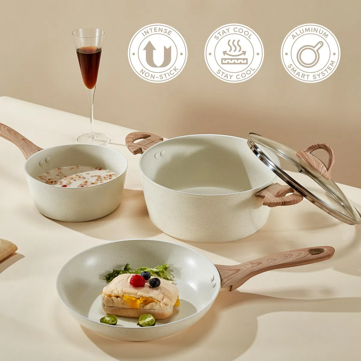 Juego de ollas y sartenes antiadherentes, juego de 16 utensilios de cocina antiadherentes, juego de utensilios de cocina de inducción blancos con juego de sartenes, cacerolas, sartén, cacerola